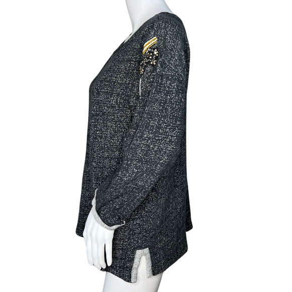 Sanctuary Sweatshirt Womens Medium Black Gray Beaded Rolled Sleeve Updated Basic - Picture 2 of 7